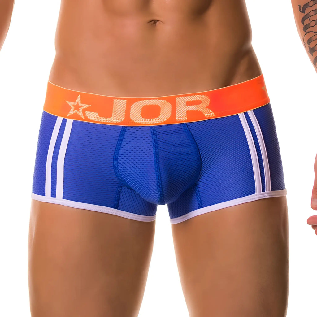 Blue jor ELECTRO boxer briefs with white stripes and an orange waistband featuring the jor logo size M