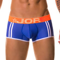 Blue jor ELECTRO boxer briefs with white stripes and an orange waistband featuring the jor logo size M