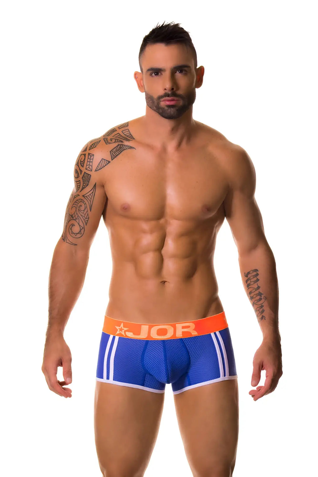 Blue jor electro boxer underwear with white stripes and orange waistband in size medium front view