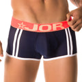 Navy blue jor electro boxer briefs with white stripes and red waistband featuring jor brand logo size m