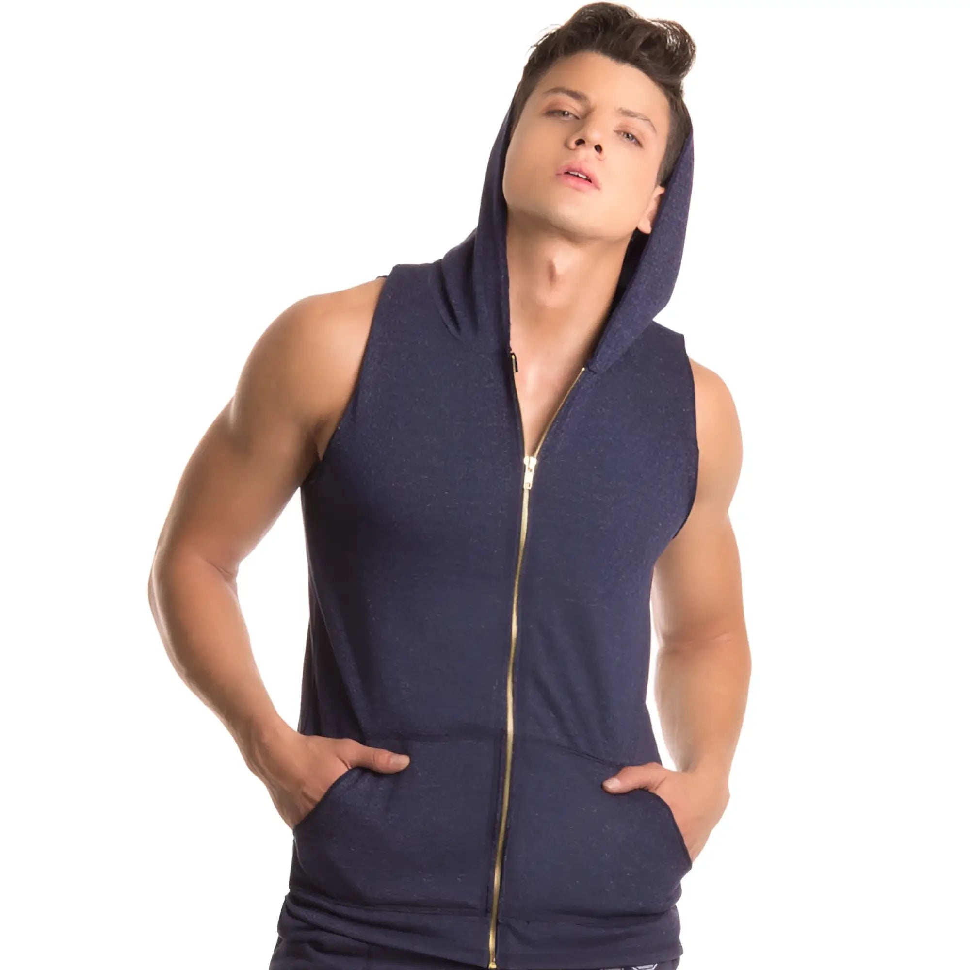 Navy blue sleeveless zip-up Jor fighter hoodie tank top with gold zipper and front pockets size L