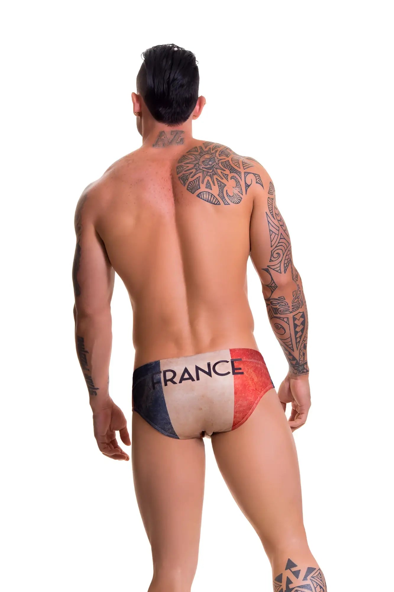 Jor france brief swimwear size m with france flag colors blue white red vertical stripes and bold black waist logo