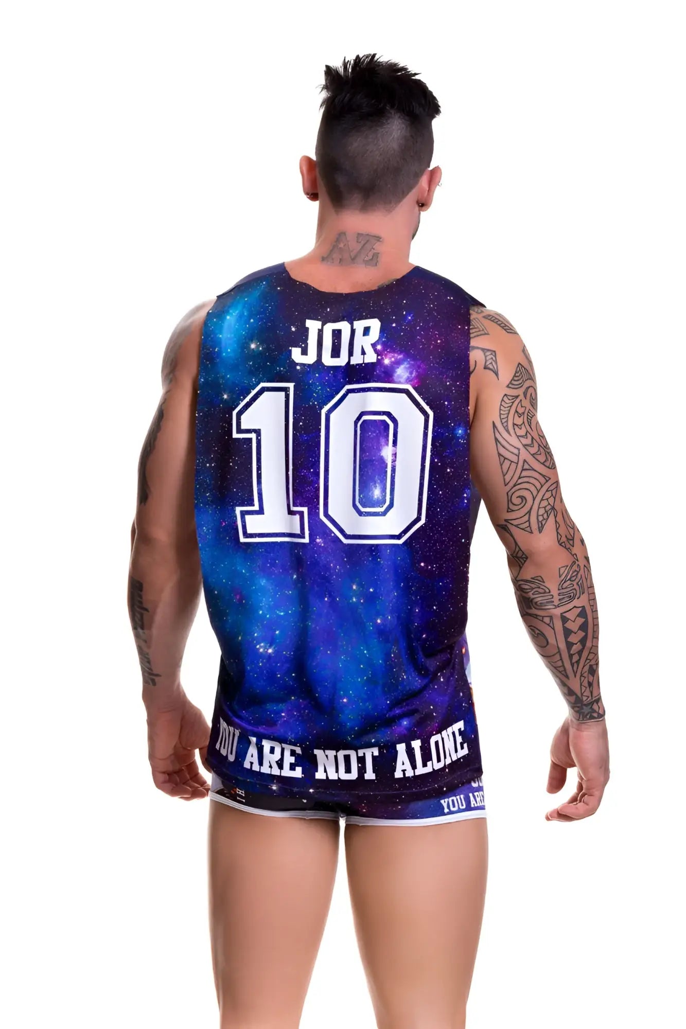 Cosmic-themed sleeveless basketball jersey in deep blue and purple with white starry patterns featuring jor 10 and you are not alone
