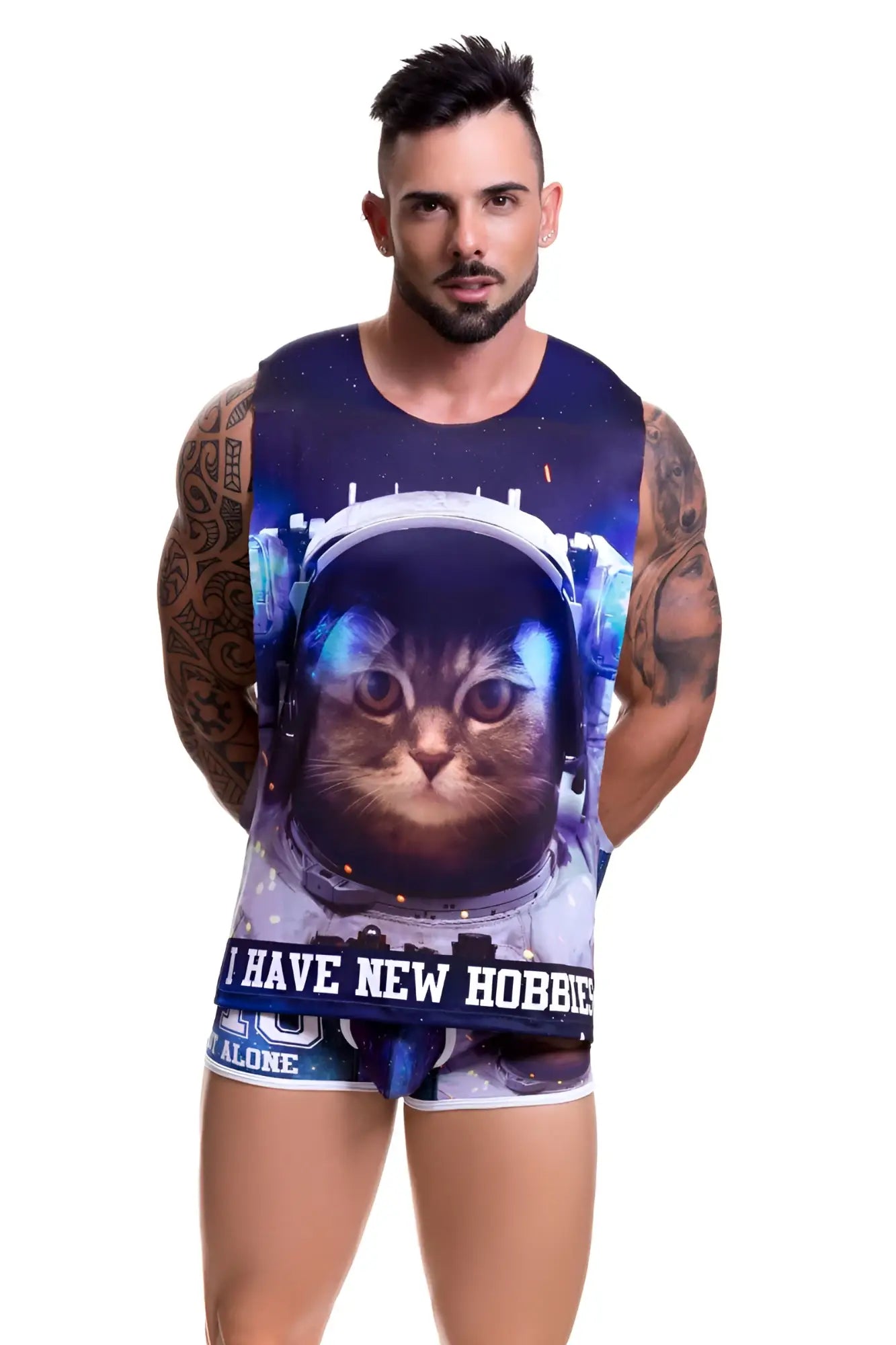 Jor galactic navy blue sleeveless tank top featuring a tabby cat astronaut graphic and i have new hobbies text in xl