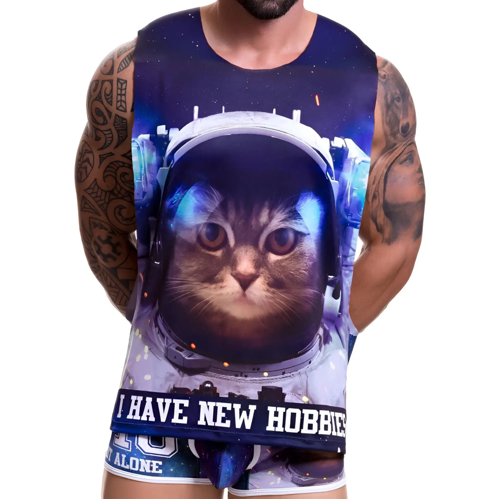Jor GALACTIC tank top XL navy blue sleeveless with 3D astronaut cat graphic and i have new hobbies text