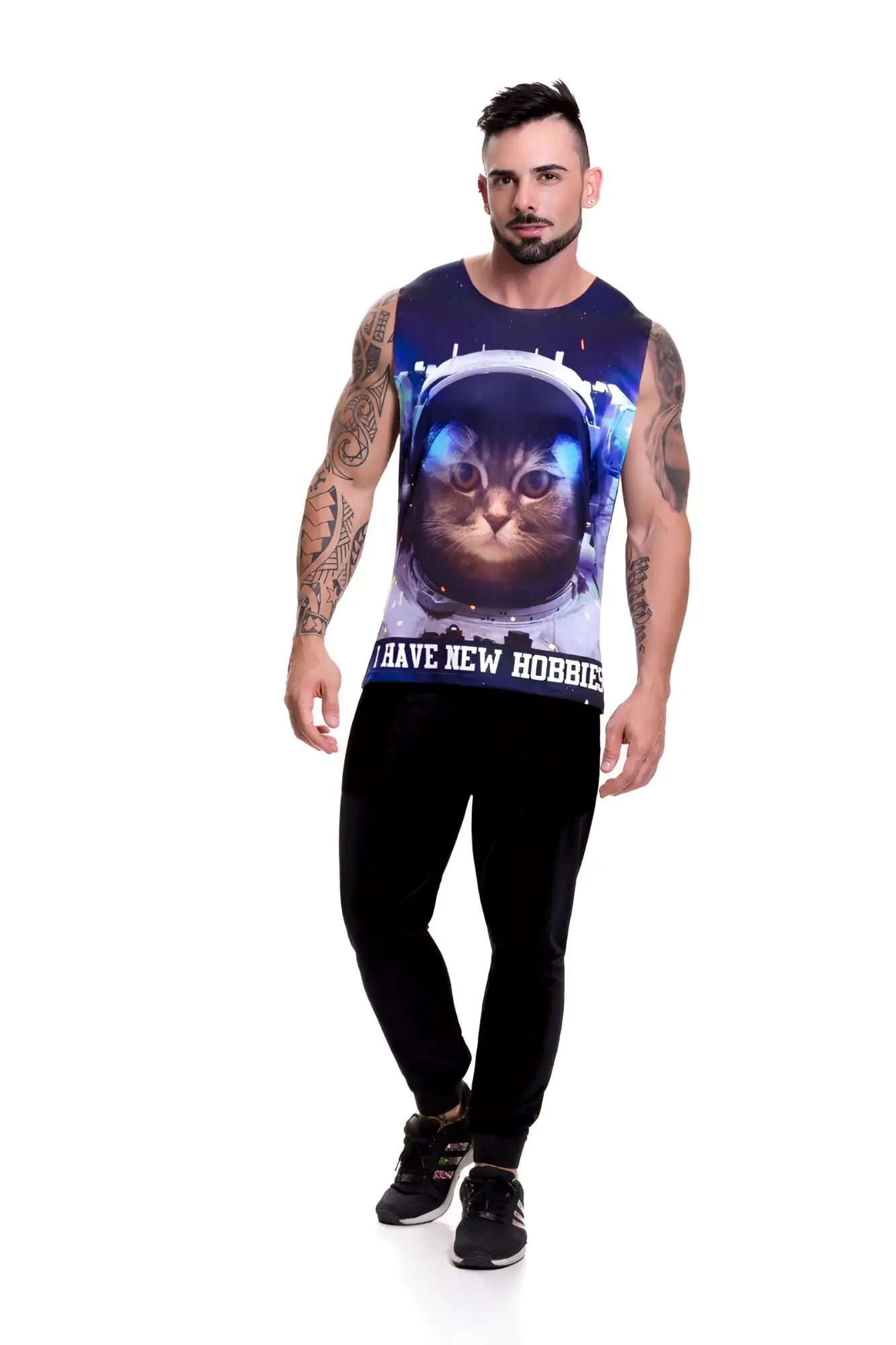 A navy blue sleeveless tank top with a 3d-printed astronaut cat graphic and glowing blue accents in size XL