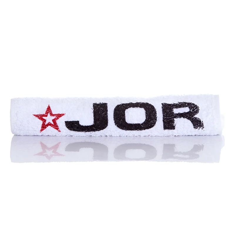 White jor gym towel mini sweatband with black embroidered lettering and red star logo size one size