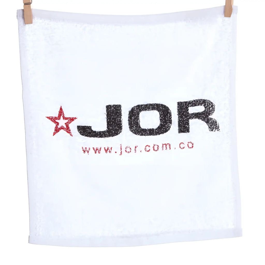 White terry cloth jor gym towel mini towel with black and red embroidered logo and star one size