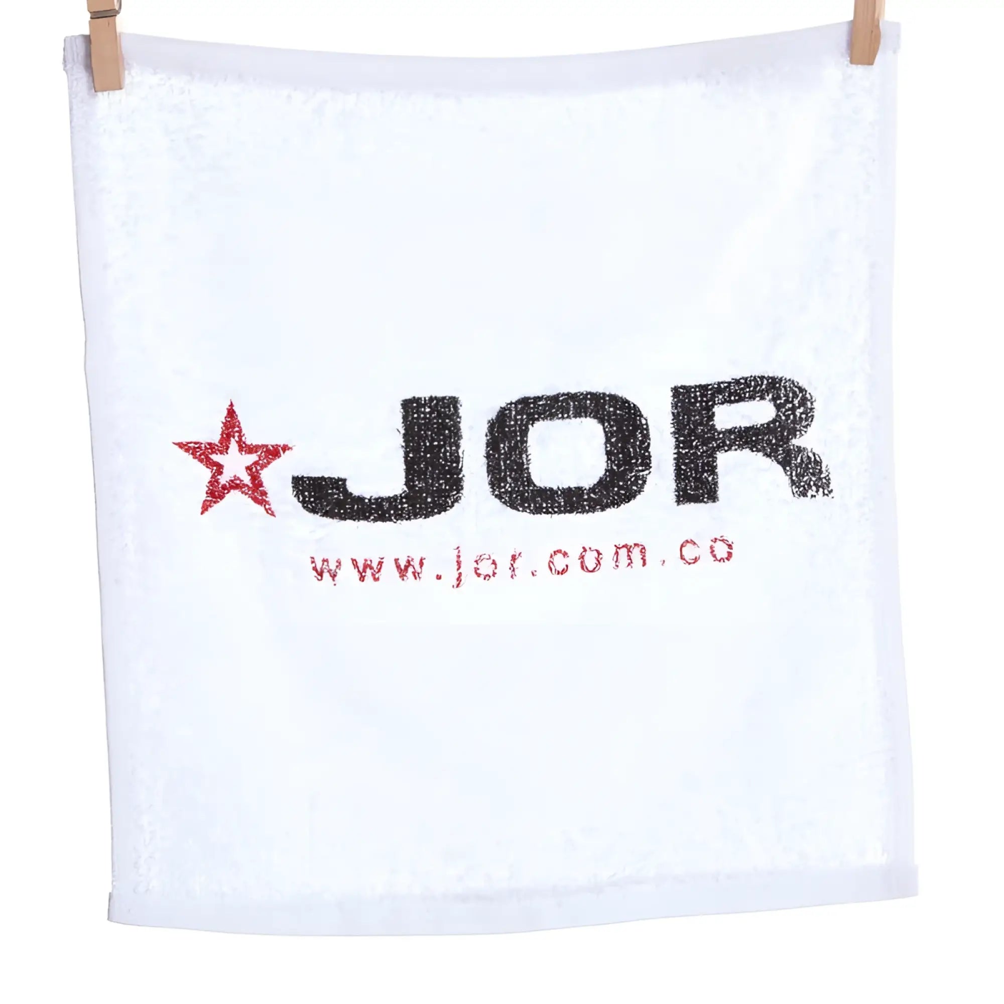 White terry cloth jor gym towel mini towel with black and red embroidered logo and star one size