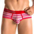 Red and pink striped jor lines brief underwear with bold red waistband and silver brand lettering size M