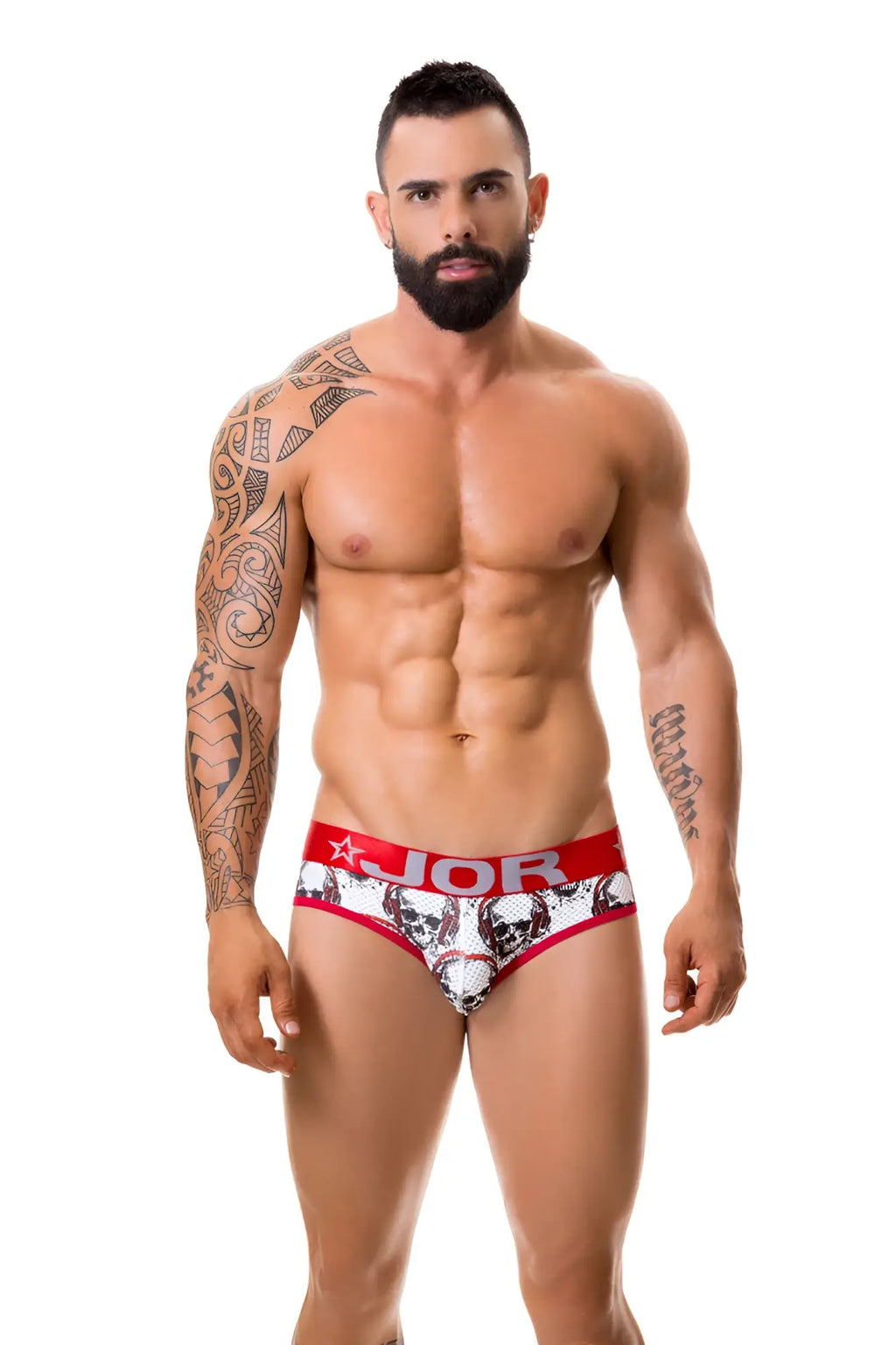 Red and white patterned jor music thong underwear size xl featuring a skull design and branded briefs material