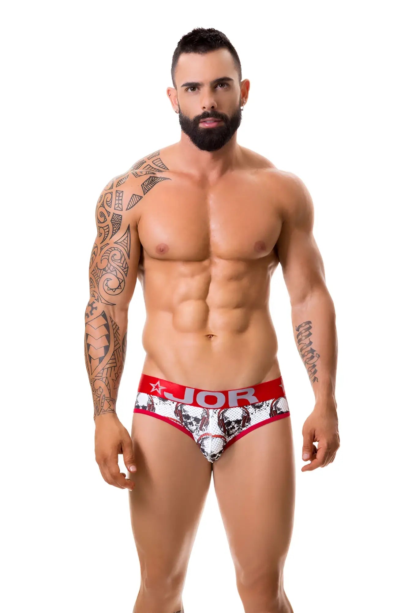 Red and white patterned jor music thong underwear size xl featuring a skull design and branded briefs material