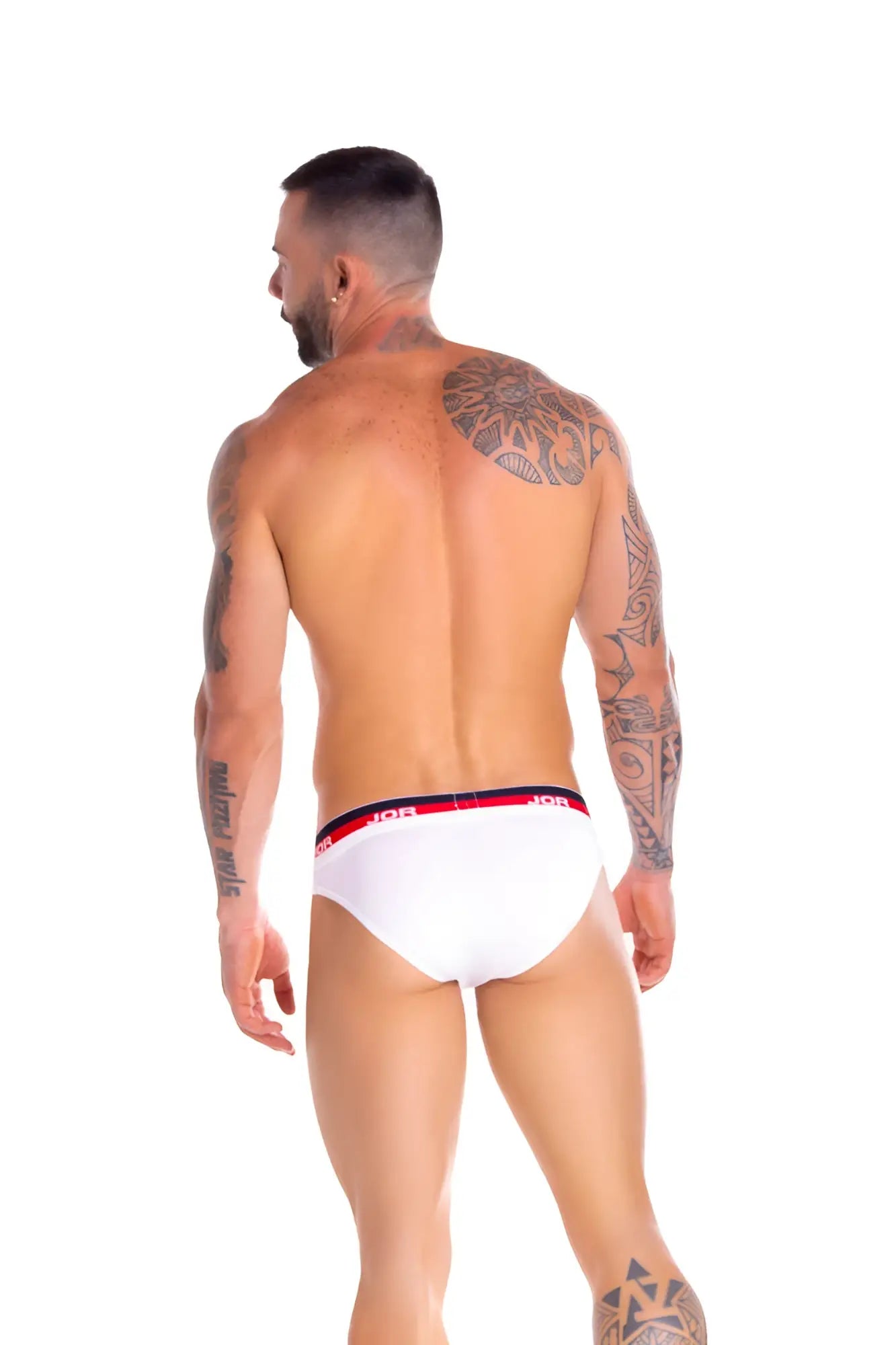 White men’s jor naval bikini underwear with red and black elastic waistband featuring hot branding size m