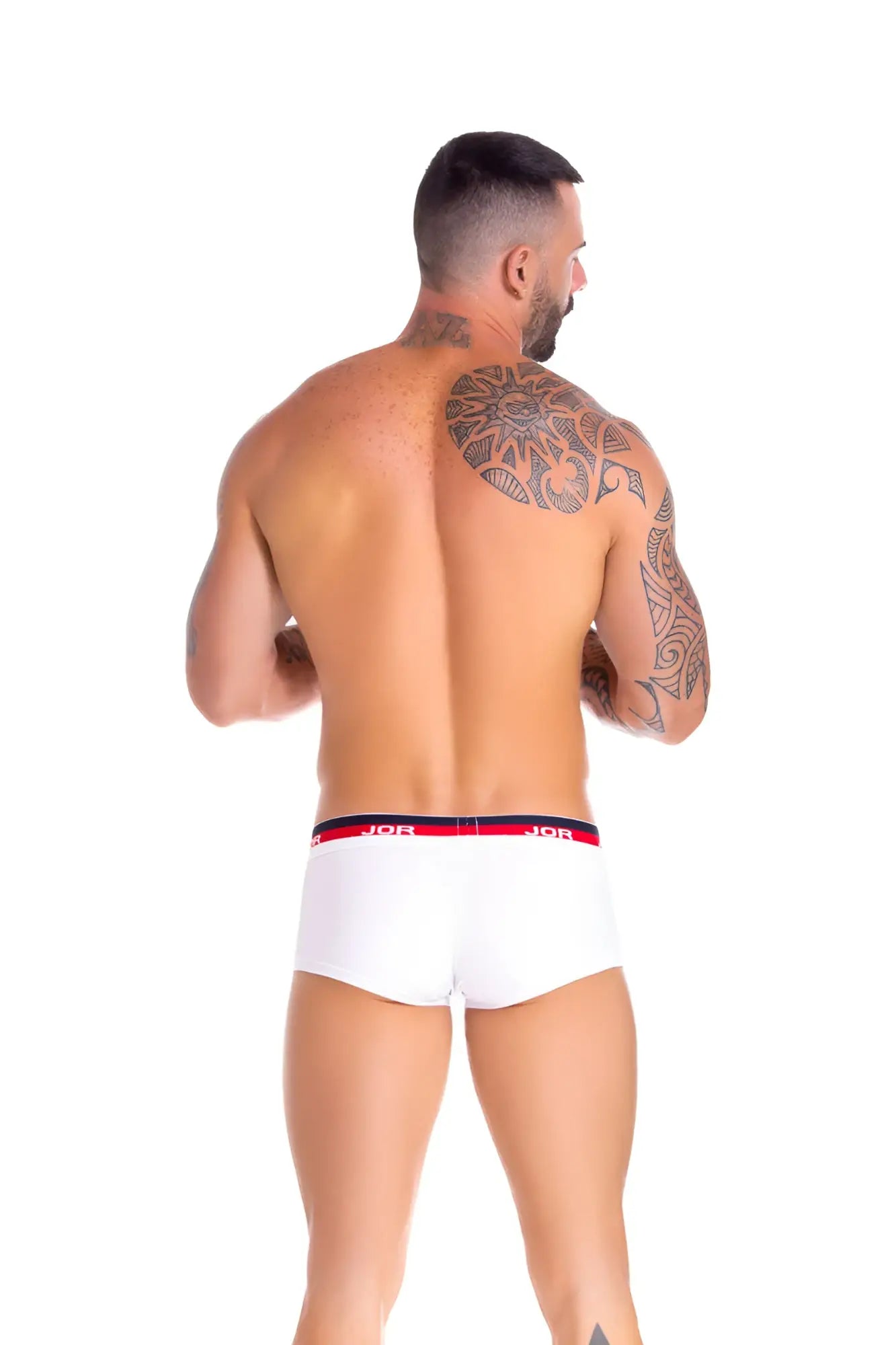 White men’s jor naval boxer brief underwear with red and navy blue elastic waistband size m