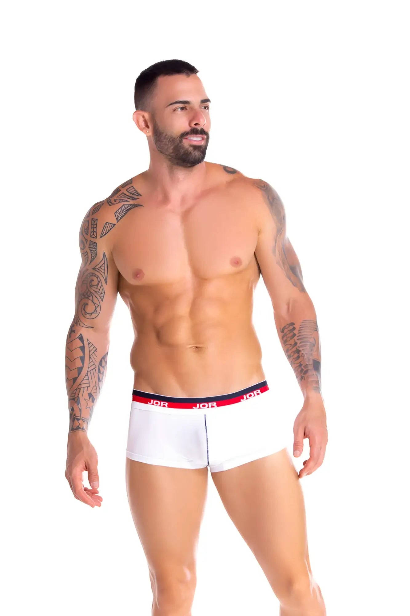 White men’s briefs with red and navy elastic waistband featuring joe brand logo jor naval boxer brief underwear size m