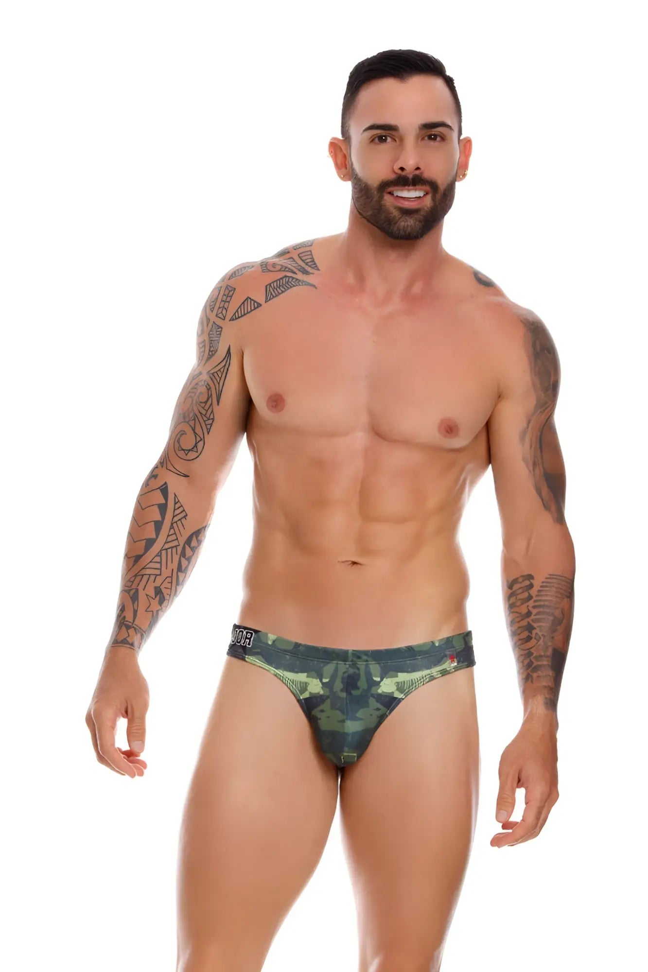 Green camouflage patterned men’s briefs with black waistband from jor shark thong swimwear 1029 size l
