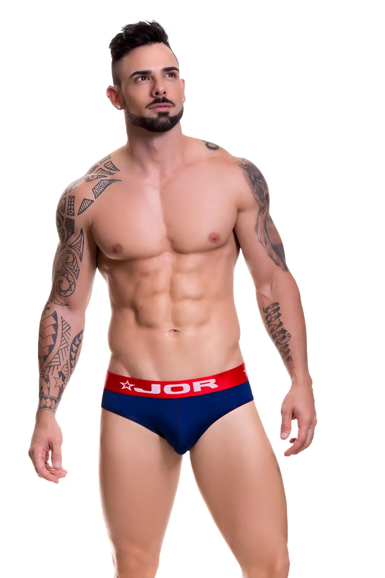 Navy soft bikini thong underwear with red waistband featuring jor logo and star emblem size small