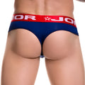 Navy blue bikini thong underwear with a red waistband featuring white jor lettering and a star logo size s