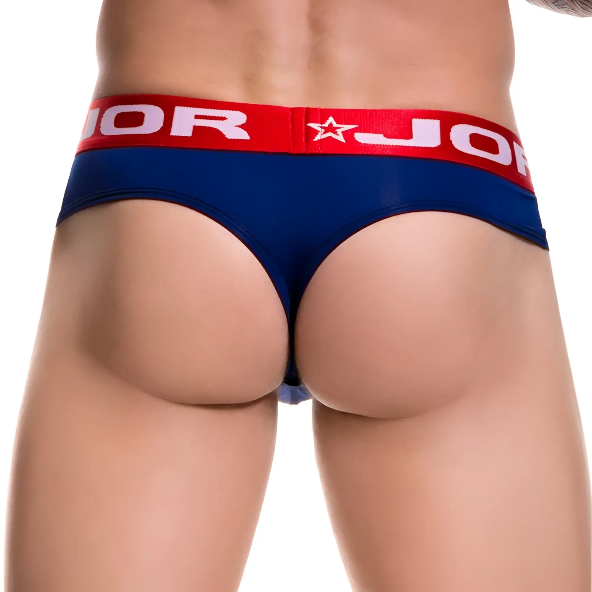 Navy blue bikini thong underwear with a red waistband featuring white jor lettering and a star logo size s