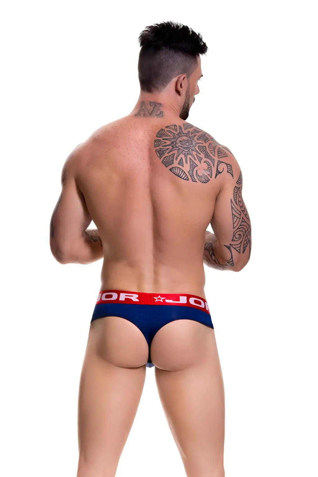 Navy blue jor soft bikini thong underwear size s with red waistband featuring jor logo and star design
