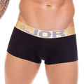 Black jor SOFT boxer briefs with a gold waistband featuring the brand name and star logo size L