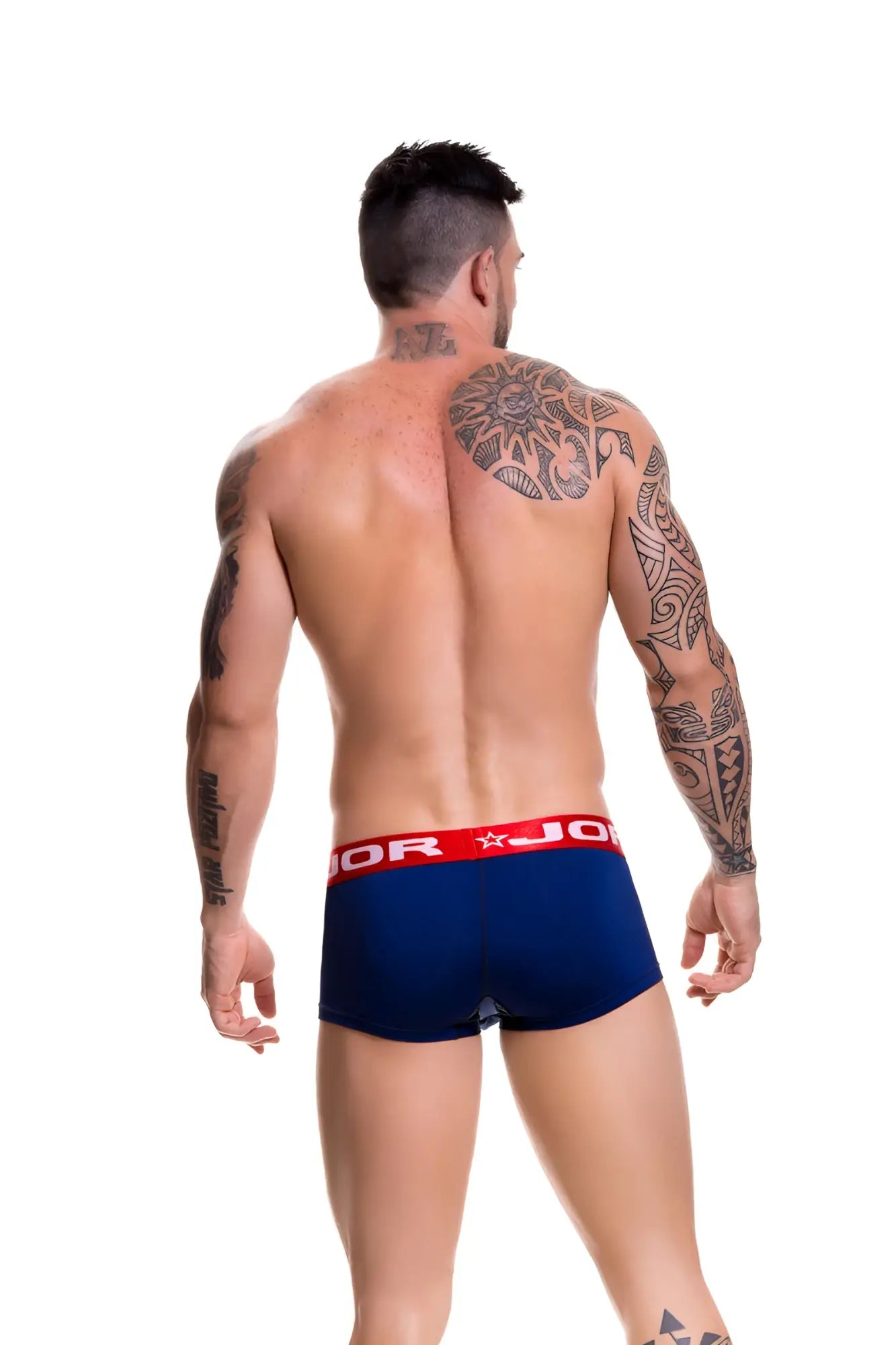 Navy blue jor soft boxer briefs with red waistband and star design size l comfortable underwear
