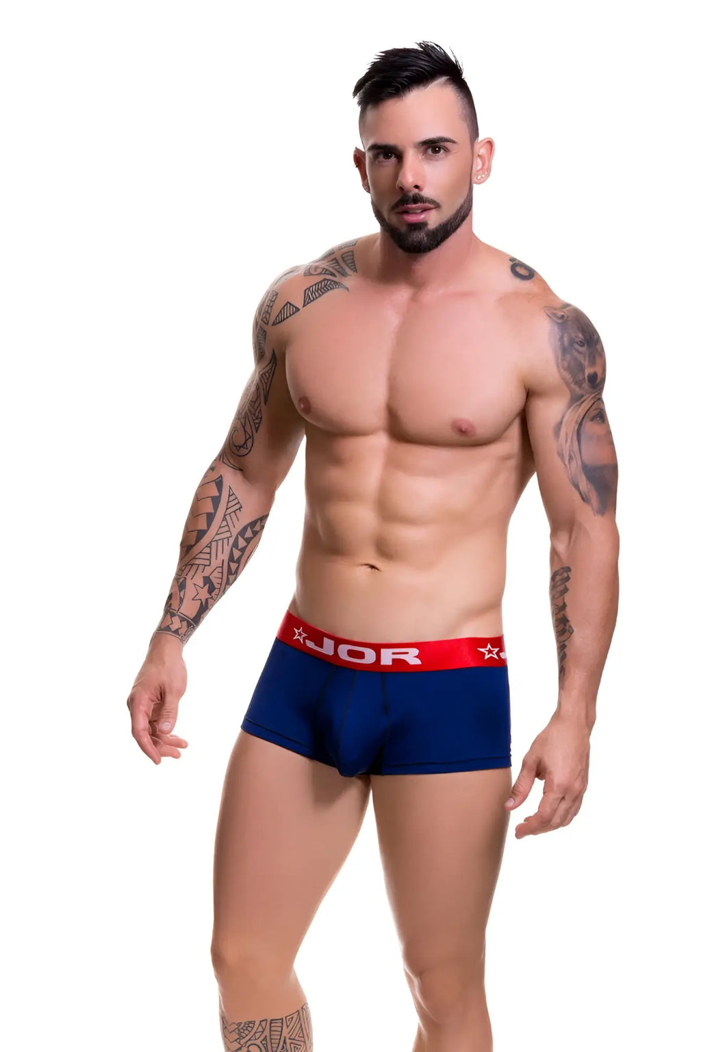 Blue jor soft boxer underwear navy 0453 size l with red waistband and white star logos on front side