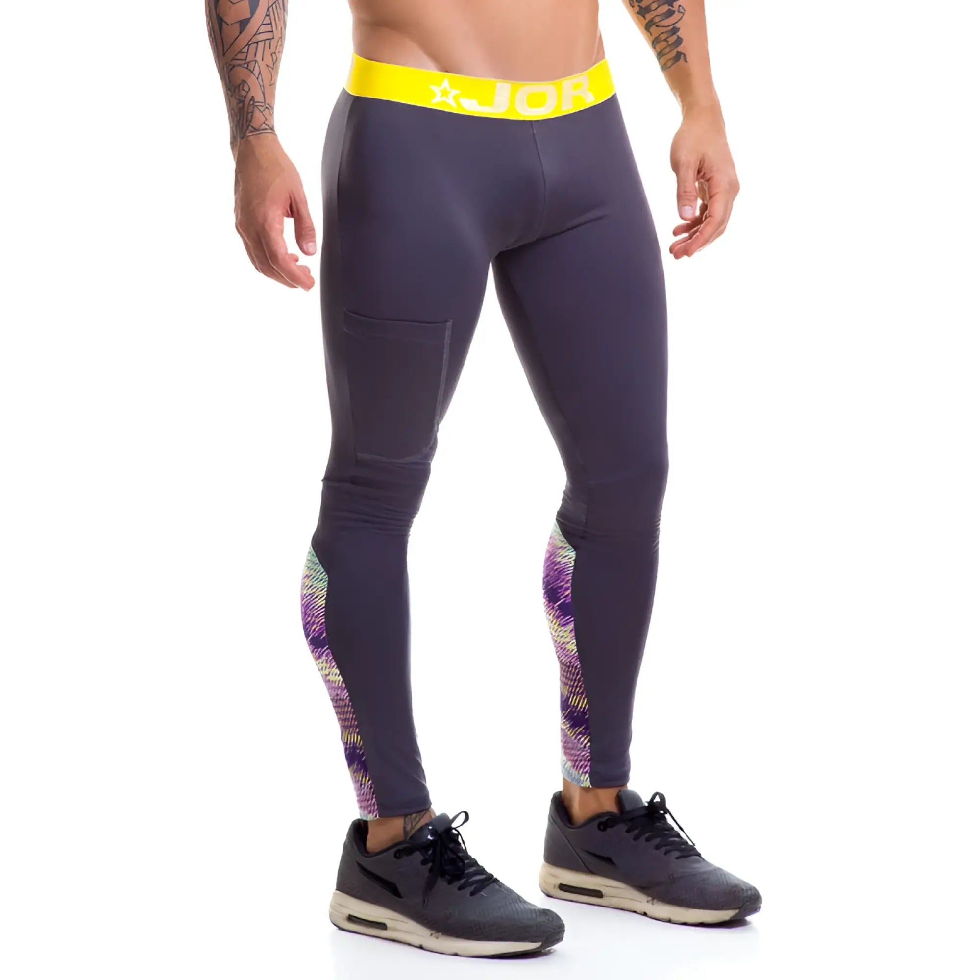 Dark gray jor speed long pants grey 0447 in size S with bright yellow waistband and colorful geometric thigh patterns