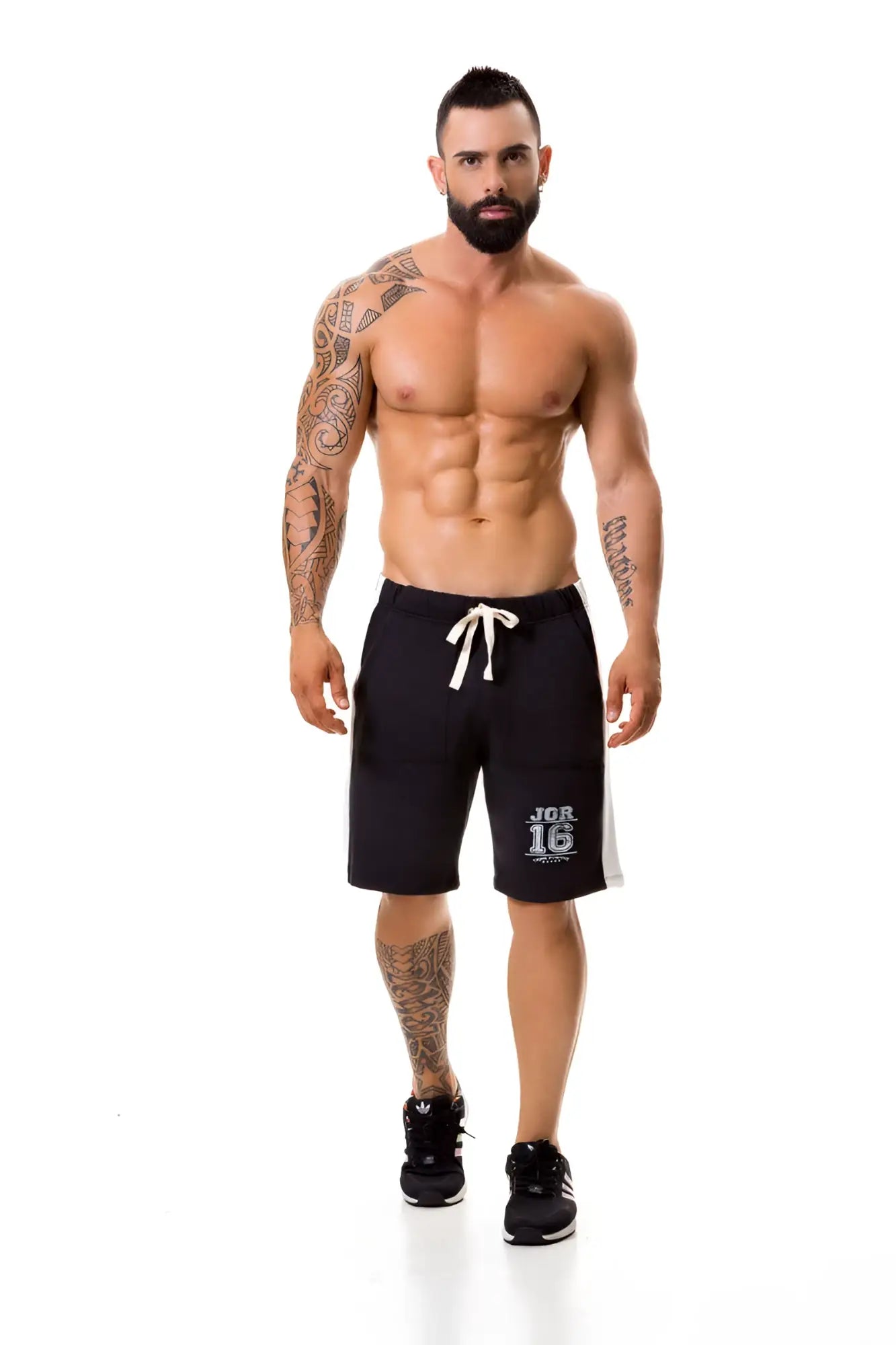 Black jor warrior athletic shorts xl with white drawstring side stripe and jcr 16 logo on the left leg