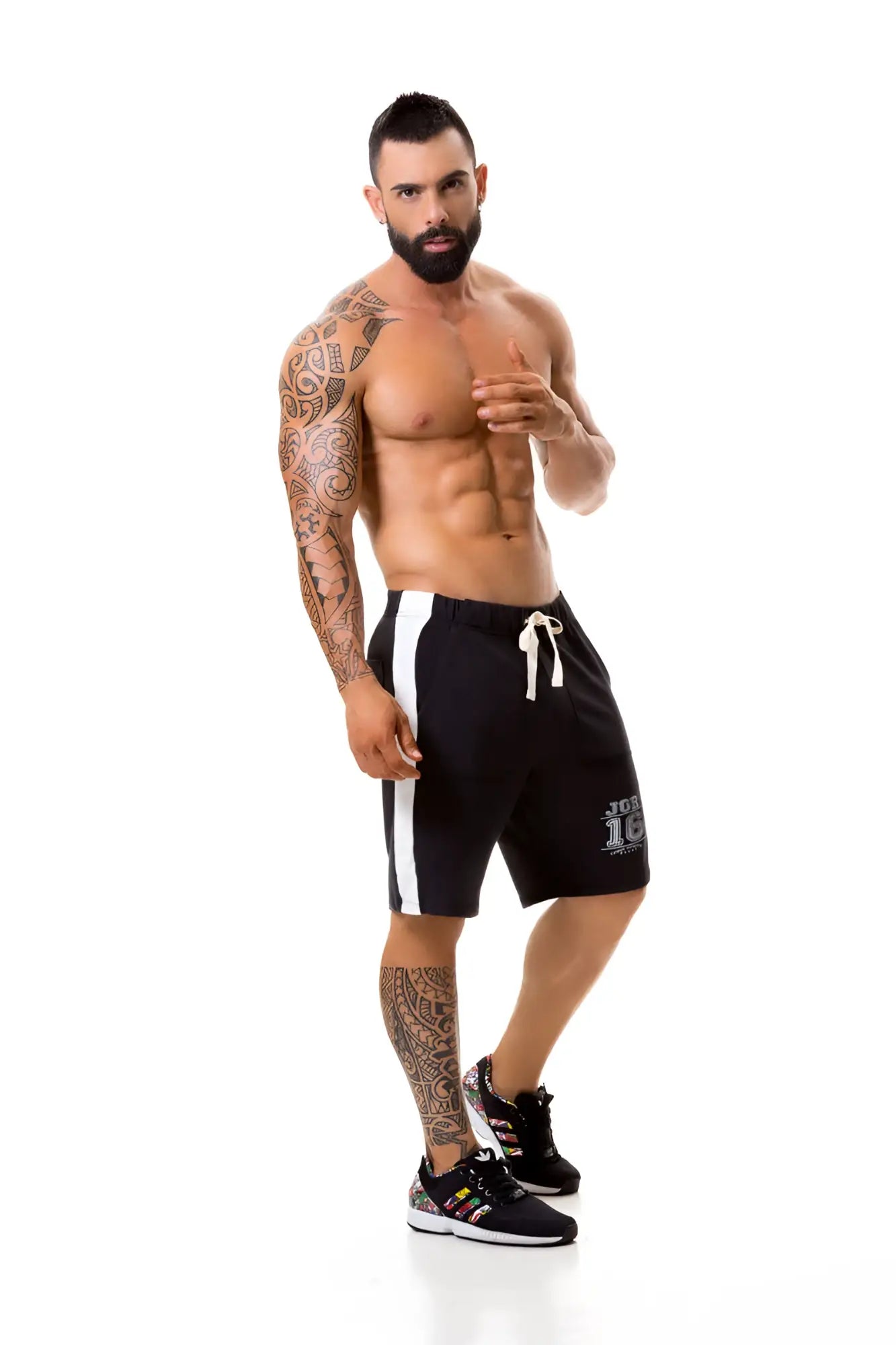 Jor Warrior athletic shorts black with white side stripes drawstring waistband and small logo on lower left leg size XL