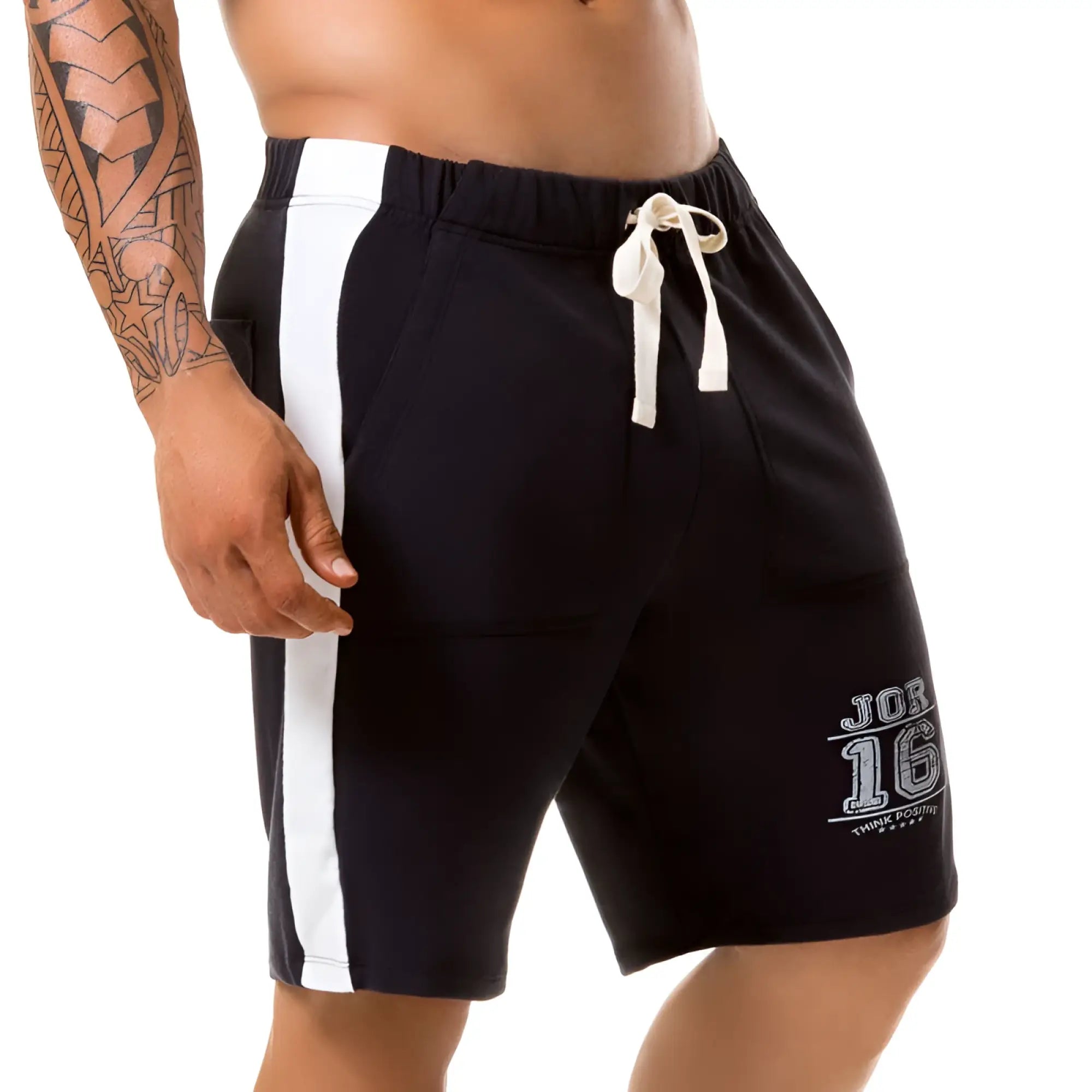 Black jor warrior athletic shorts size xl with white vertical stripe and job 16 branding on lower leg
