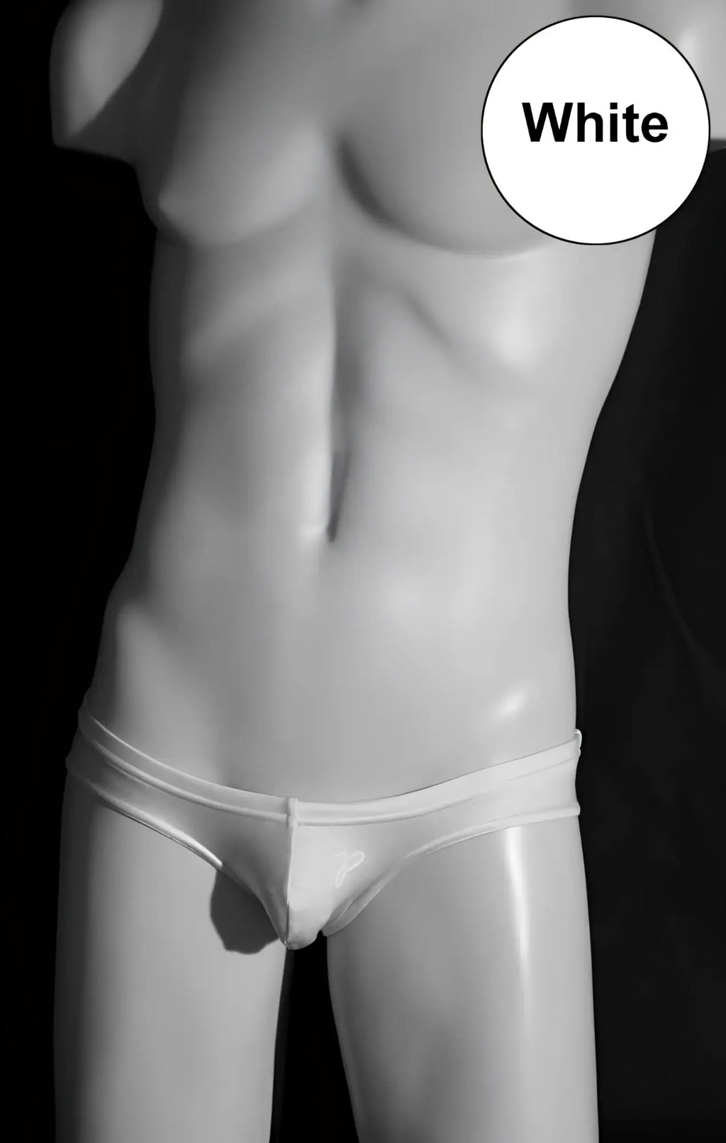 White glossy-finish men’s briefs made of lycra displayed on a mannequin for jp-beach classic mini bikini swimwear xl