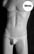 White glossy-finish men’s briefs made of lycra displayed on a mannequin for jp-beach classic mini bikini swimwear xl