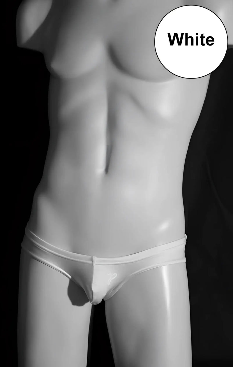 White glossy-finish men’s briefs made of lycra displayed on a mannequin for jp-beach classic mini bikini swimwear xl