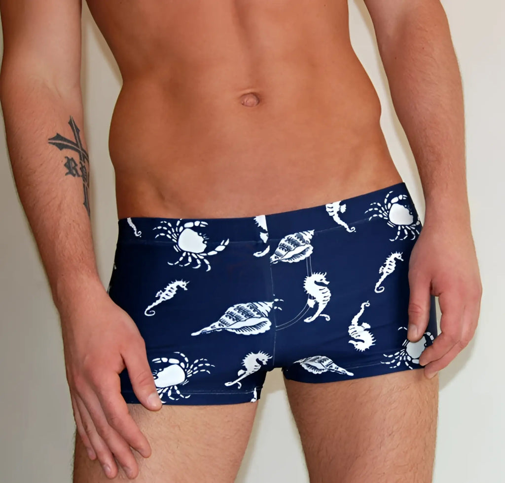 Js dirty industry navy blue sea animal square cut swim trunks with white seahorse crab and shell pattern size m