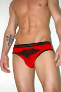 Red and black js dirty industry men’s low cut seamless briefs with eagle skull graphic and branded waistband size m