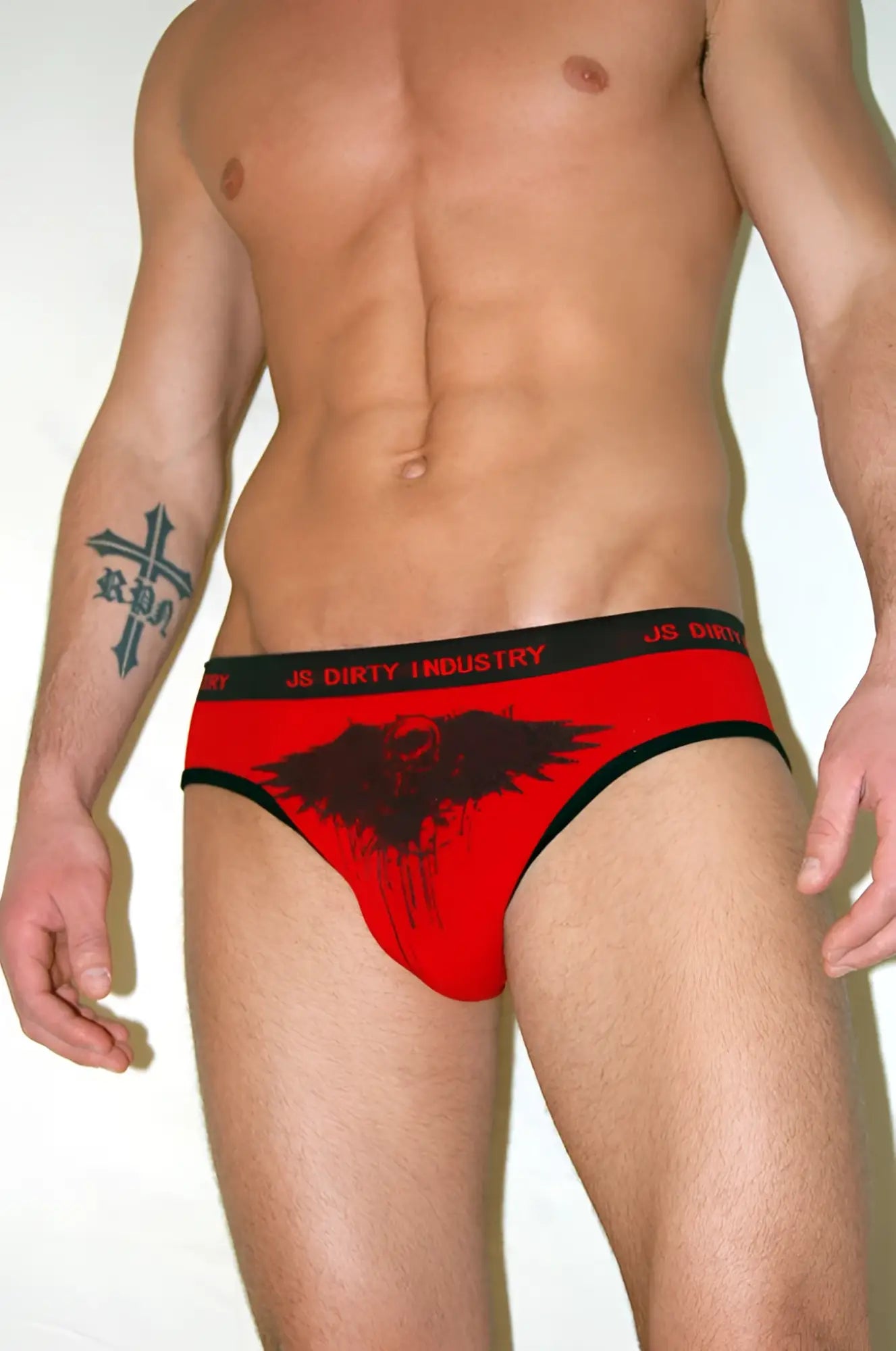 Red and black js dirty industry men’s low cut seamless briefs with eagle skull graphic and branded waistband size m