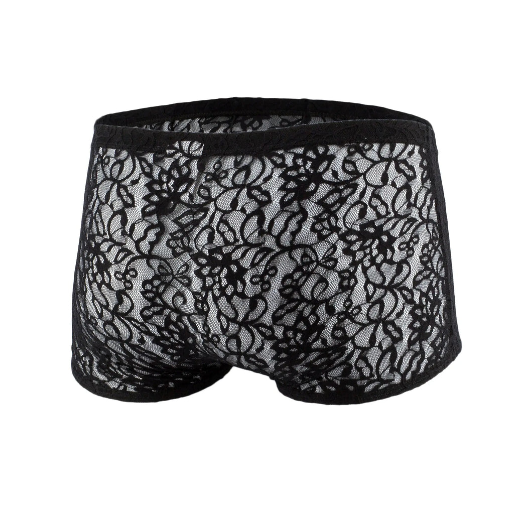 Black lace men’s boxer mesh underwear js08 joe snyder with intricate floral patterns and solid black elastic waistband