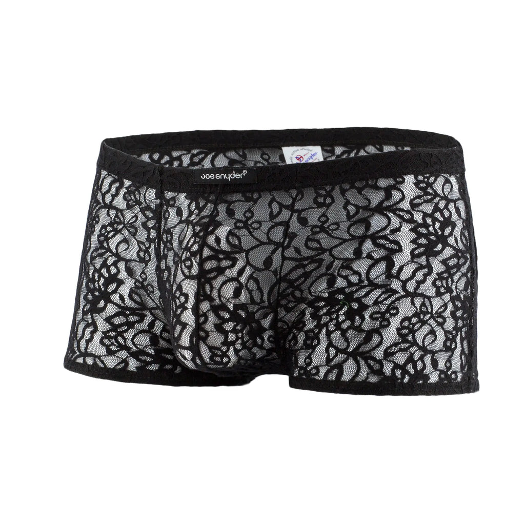 Black lace men’s boxer mesh underwear with intricate floral patterns and sheer mesh design by joe snyder
