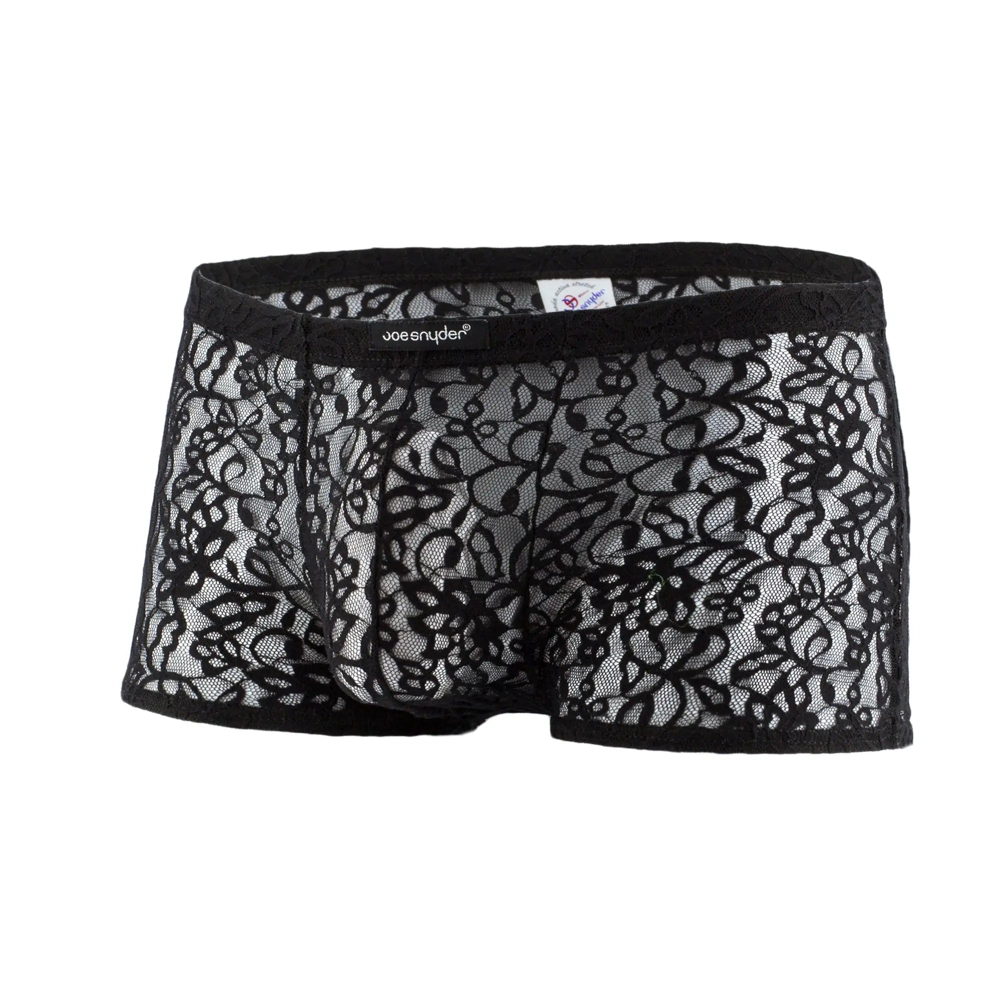 Black lace men’s boxer mesh underwear with intricate floral patterns and sheer mesh design by joe snyder