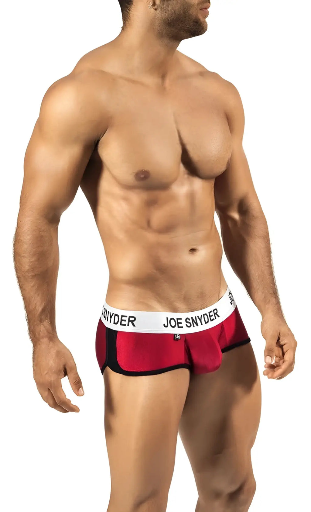 Red and black joe snyder activewear mini shorty briefs with white waistband featuring bold brand name lettering