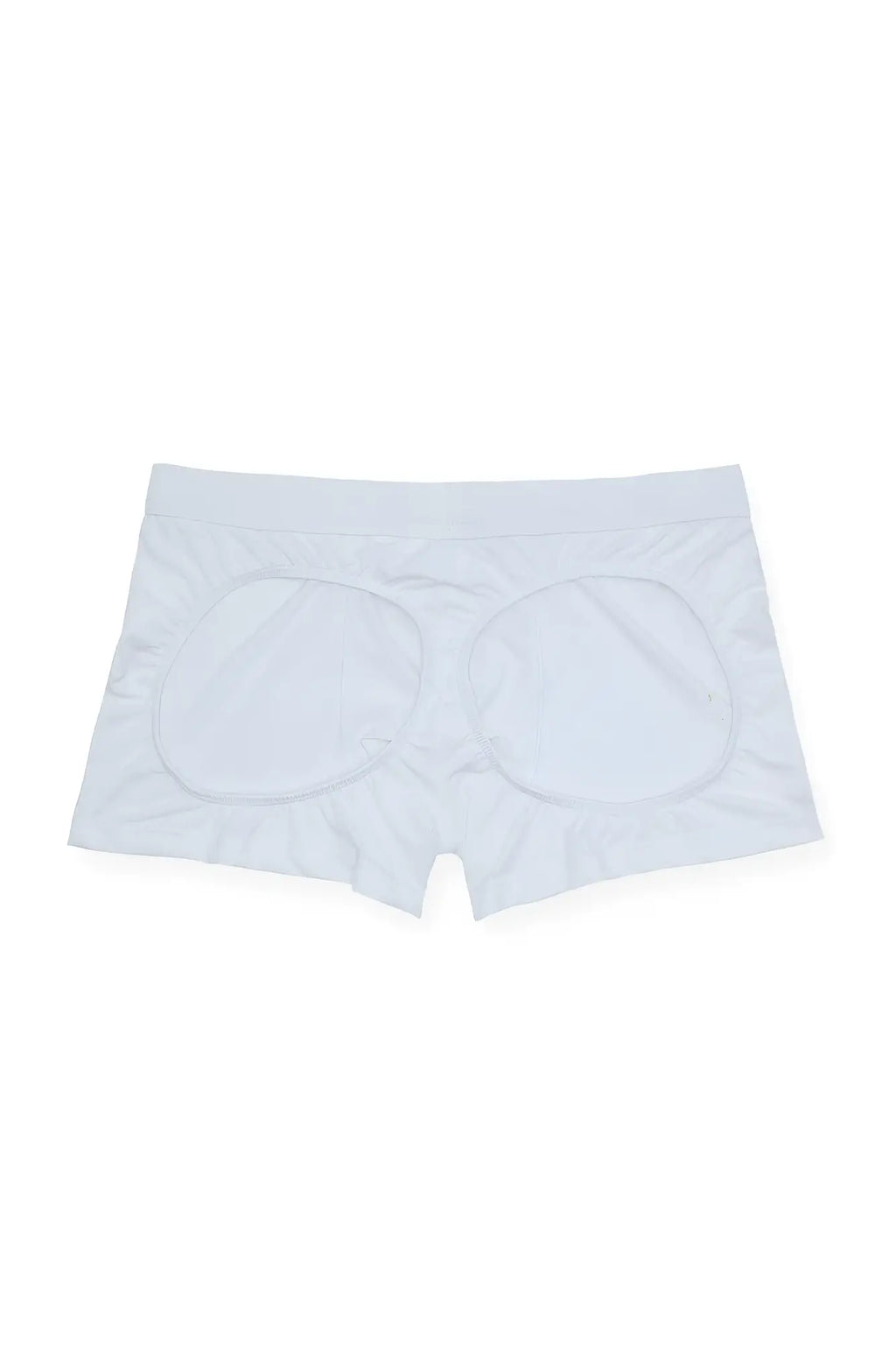 Back side of juicy jj boxers in polar white with ruffled padded panels and rear cutouts in white briefs style