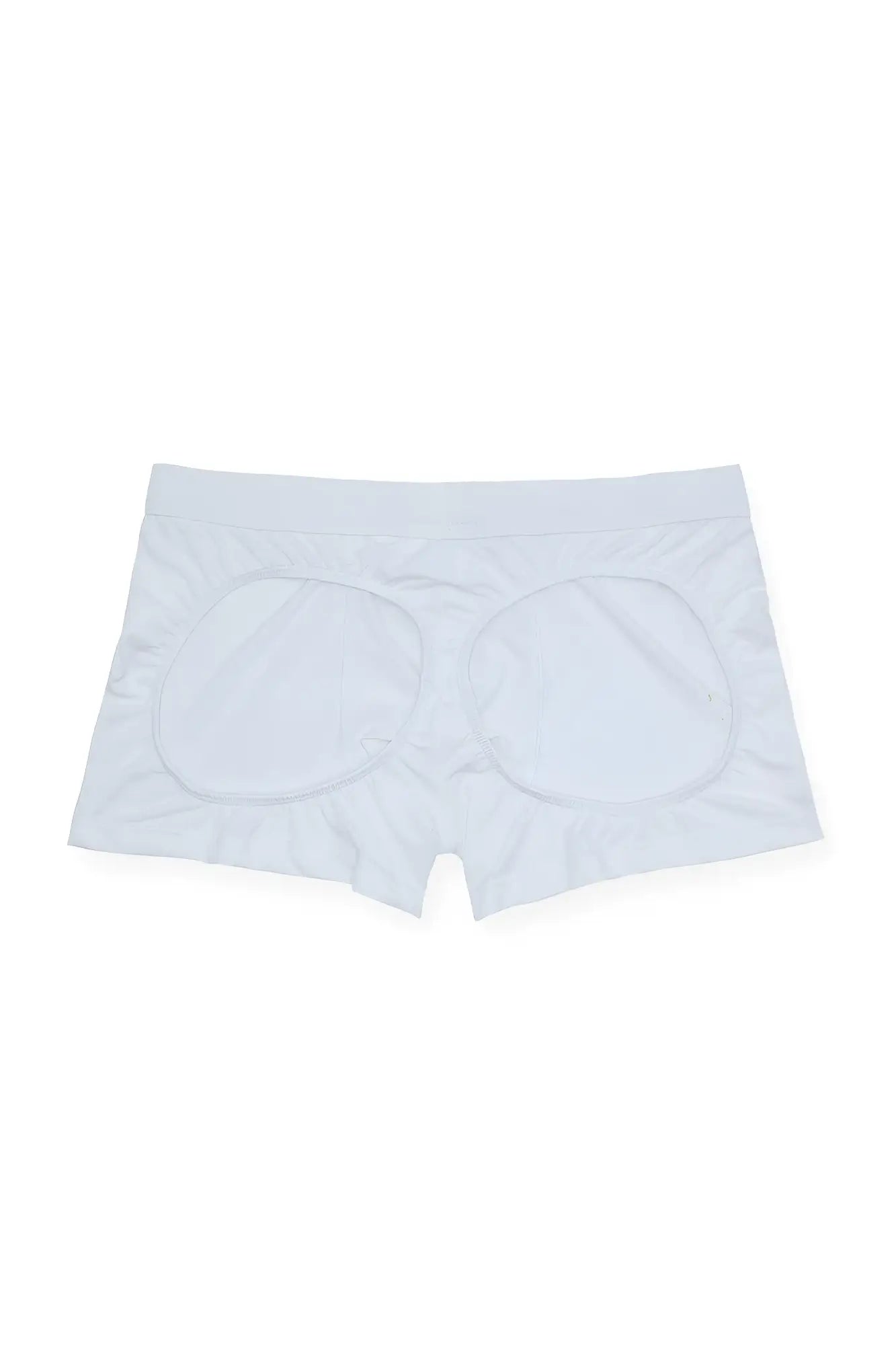 Back side of juicy jj boxers in polar white with ruffled padded panels and rear cutouts in white briefs style