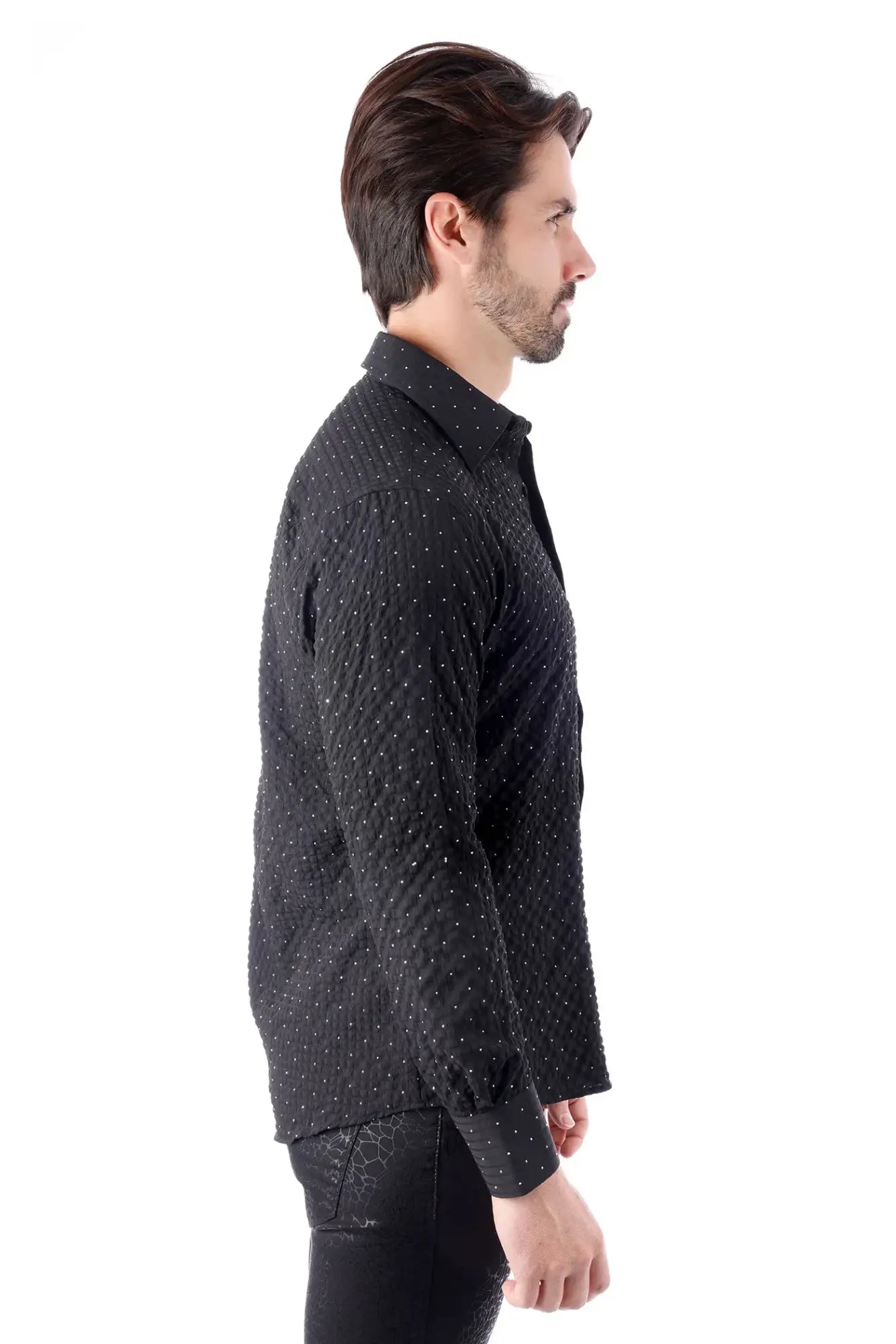 Black jurox l s shirt with subtle white polka dots and quilted textured fabric for stylish long sleeve wear