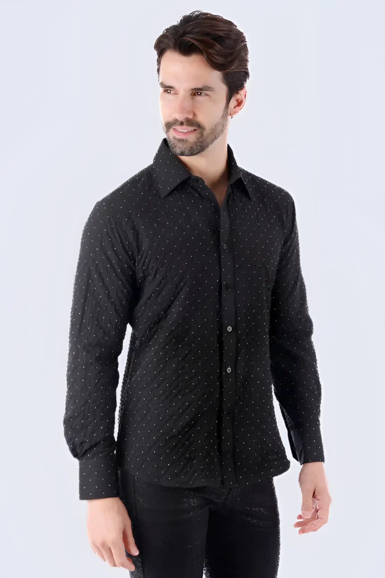 Black jurox long-sleeved button-up shirt with subtle tiny white dot pattern on fabric for stylish wear