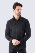 Black jurox long-sleeved button-up shirt with subtle white polka dots suitable for casual or formal wear