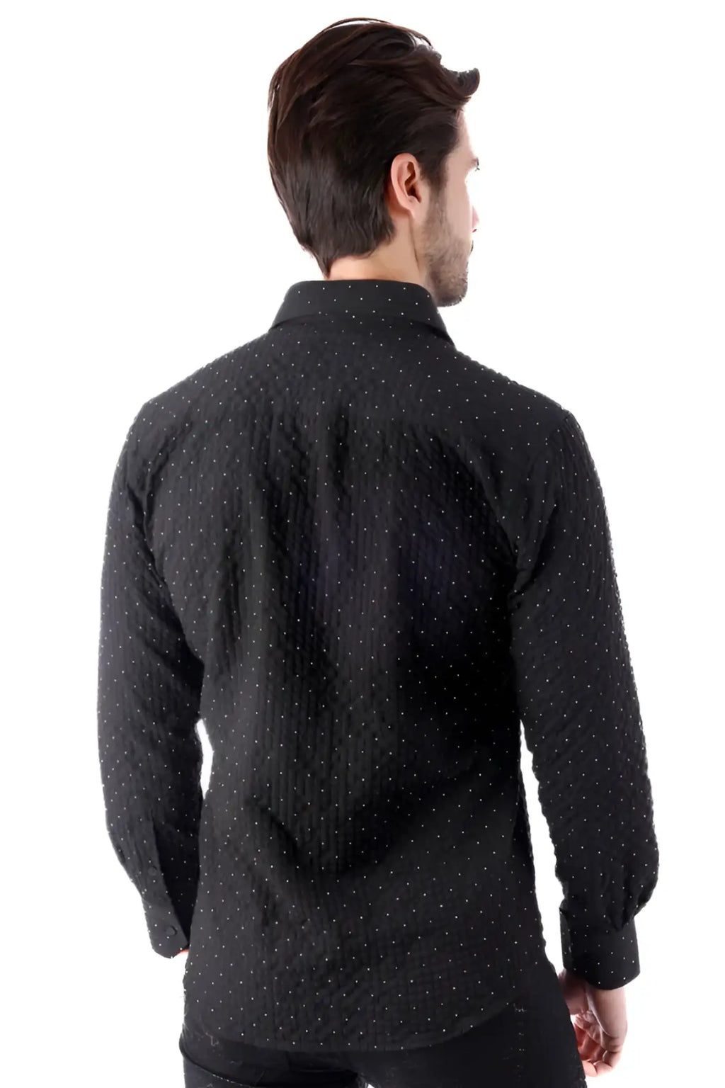 Black jurox long-sleeved button-up shirt with subtle textured weave and small white polka dots