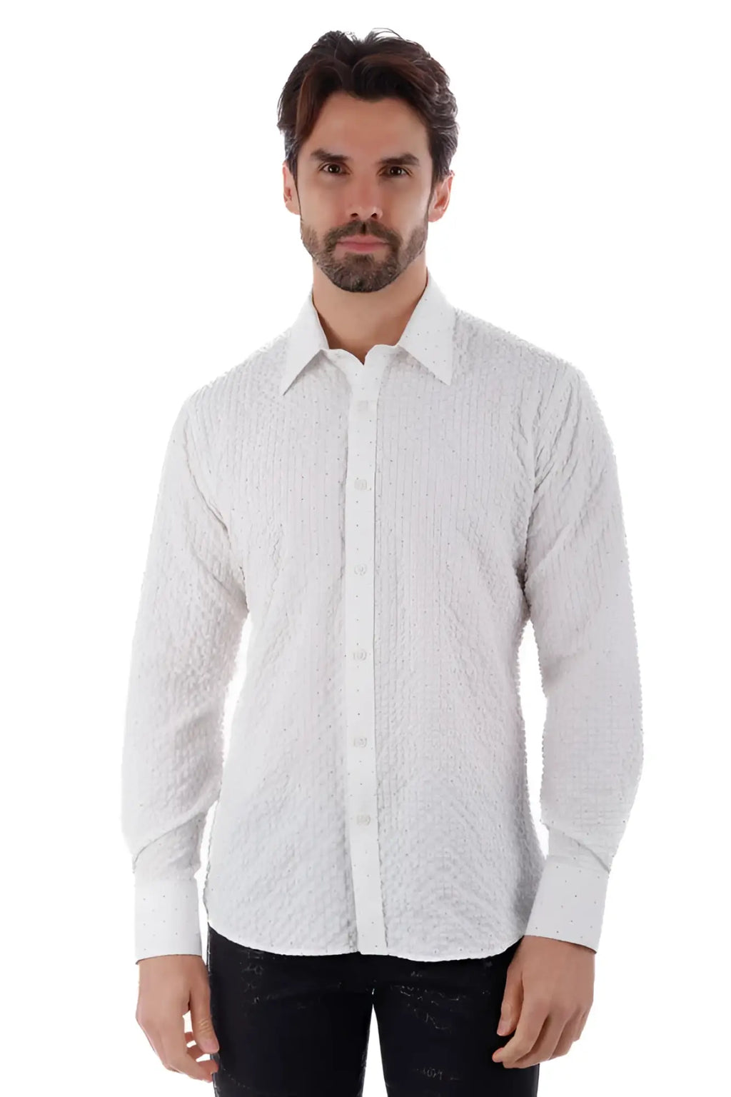 White textured long-sleeve button-down shirt with subtle pattern by Jurox ideal for casual and formal wear