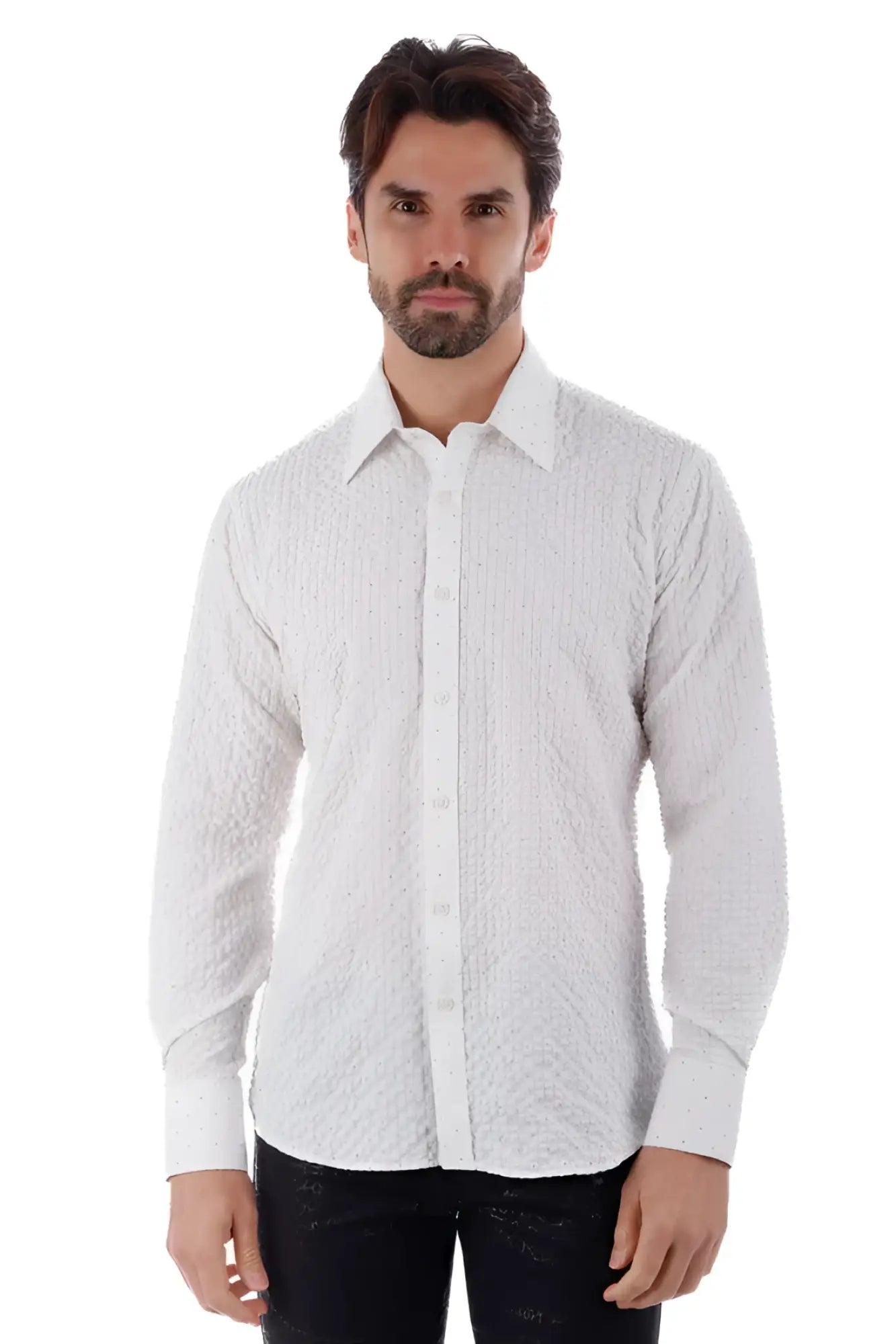 White textured long-sleeve button-down shirt with subtle pattern by Jurox ideal for casual and formal wear
