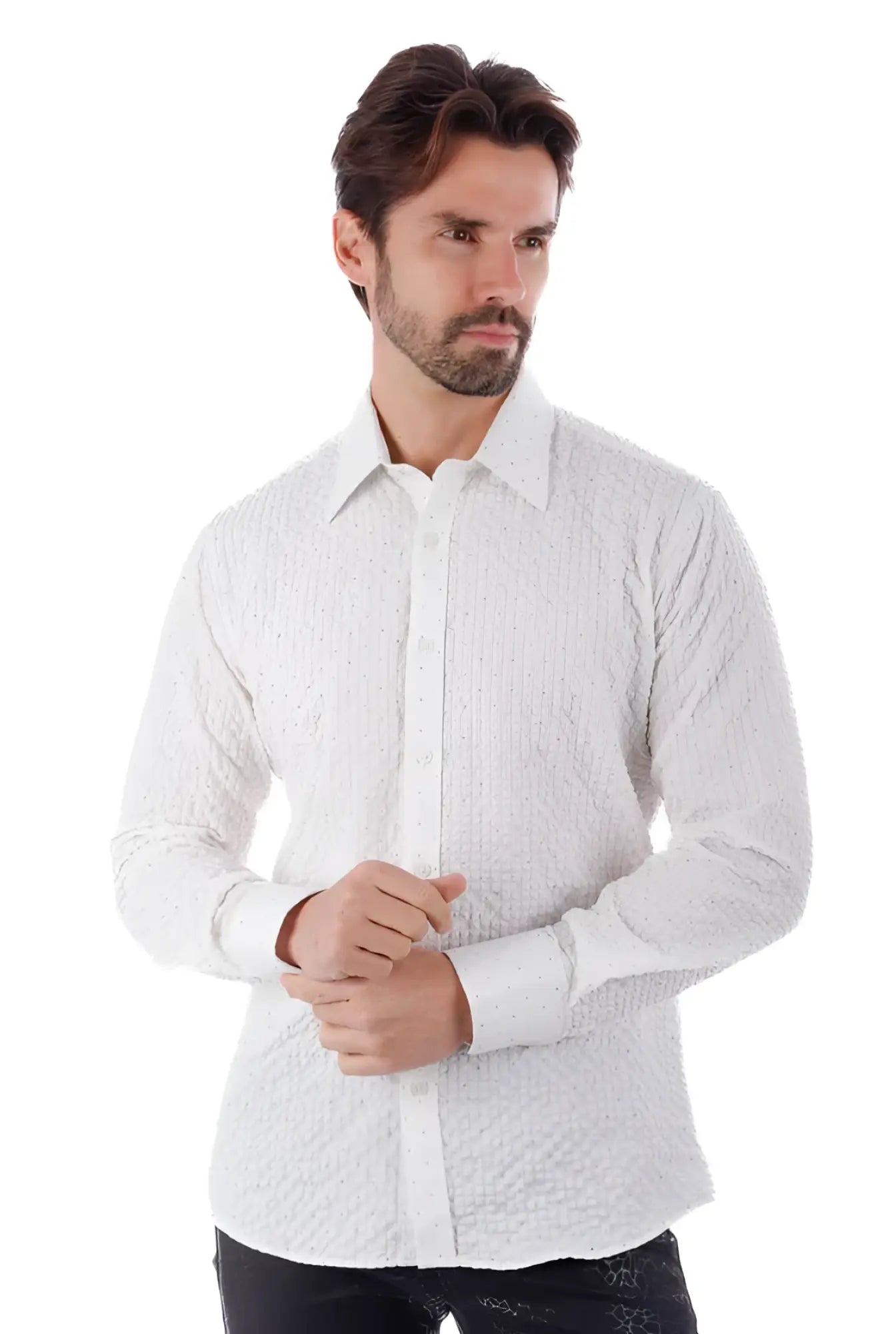 White jurox long sleeve button down shirt with textured subtle vertical ribbing in lightweight fabric
